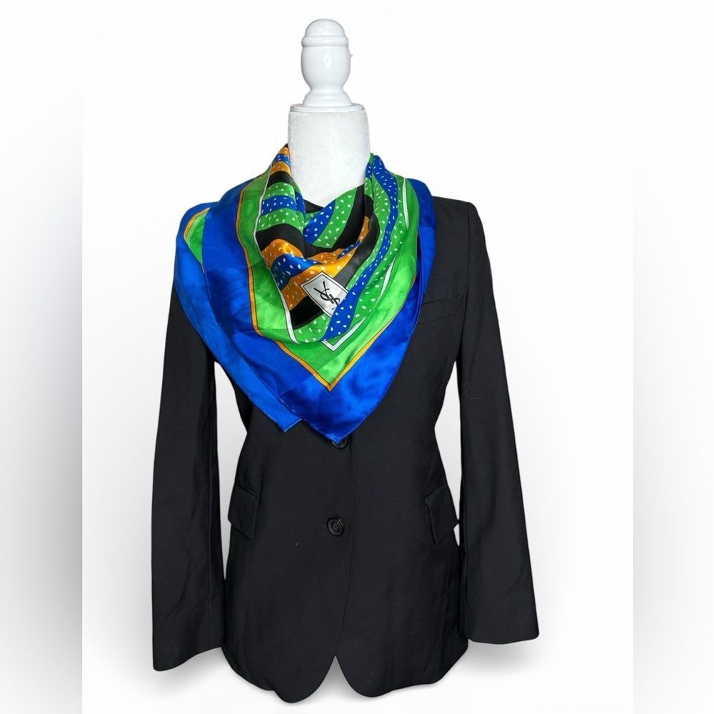YSL Vintage 100% Silk Blue Green Black Yellow Striped Square Scarf